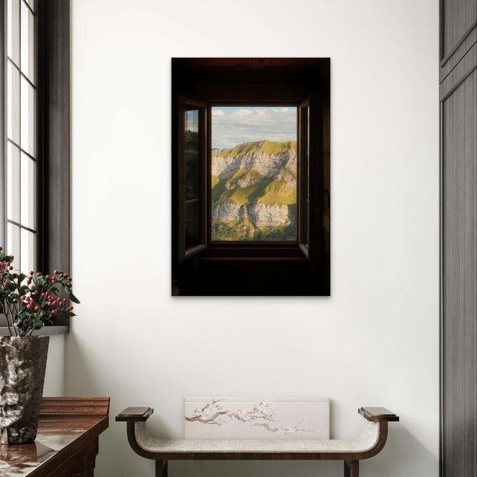 Green Mountain Ridge Window View Alpine Cliff 40x60cm Metal Print Ready to Hang
