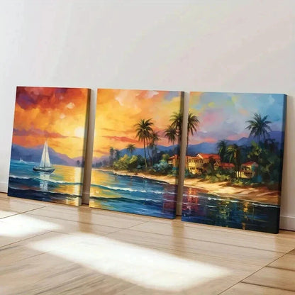 3pcs Sunset Sailboat Palm Trees & Beach Wall Art Set Canvas Framed 40x60cm - High Quality Print 100% Australian Made Wall Canvas Ready to Hang