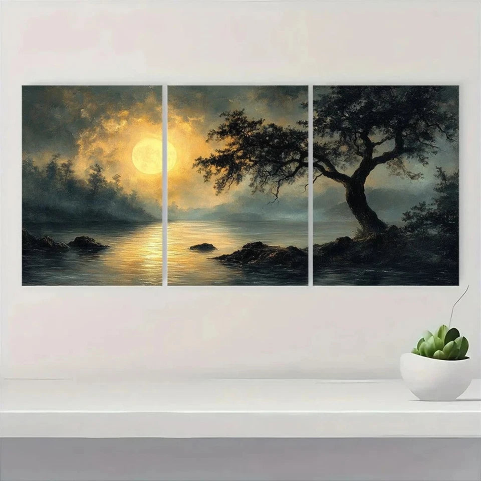 3pcs Serene Sunset Lake Scenery with Full Moon Metal Print Ready to Hang Art