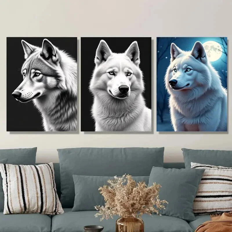 3pcs Wolf Black and White with Stunning Blue Eye Metal Print Ready to Hang Art