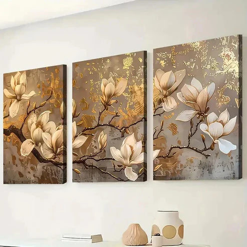3pcs Abstract Golden Light Luxury Flower Perfect Wall Art Canvas Unframed – High Quality Print 100% Australian Made Wall Canvas