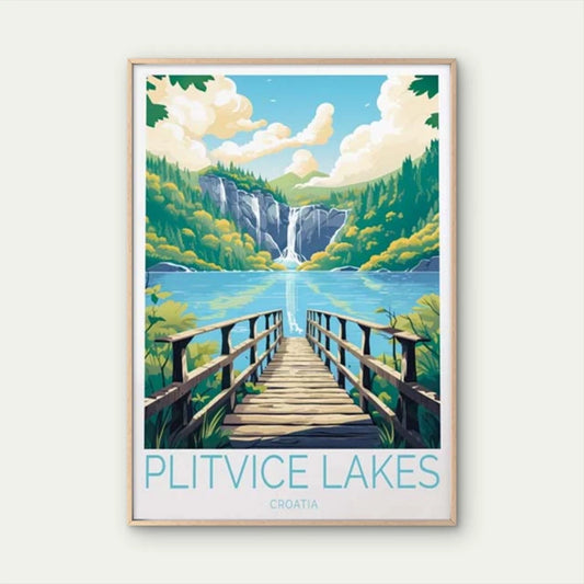 Plitvice Lakes Croatia, Bridge and Trees Travel Poster Print Wall Art