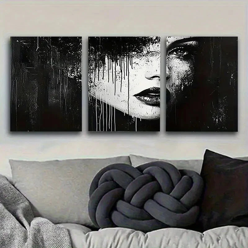 3pcs Monochrome Dripping Portrait Wall Art Set Canvas Framed 40x60cm - High Quality Print 100% Australian Made Wall Canvas Ready to Hang