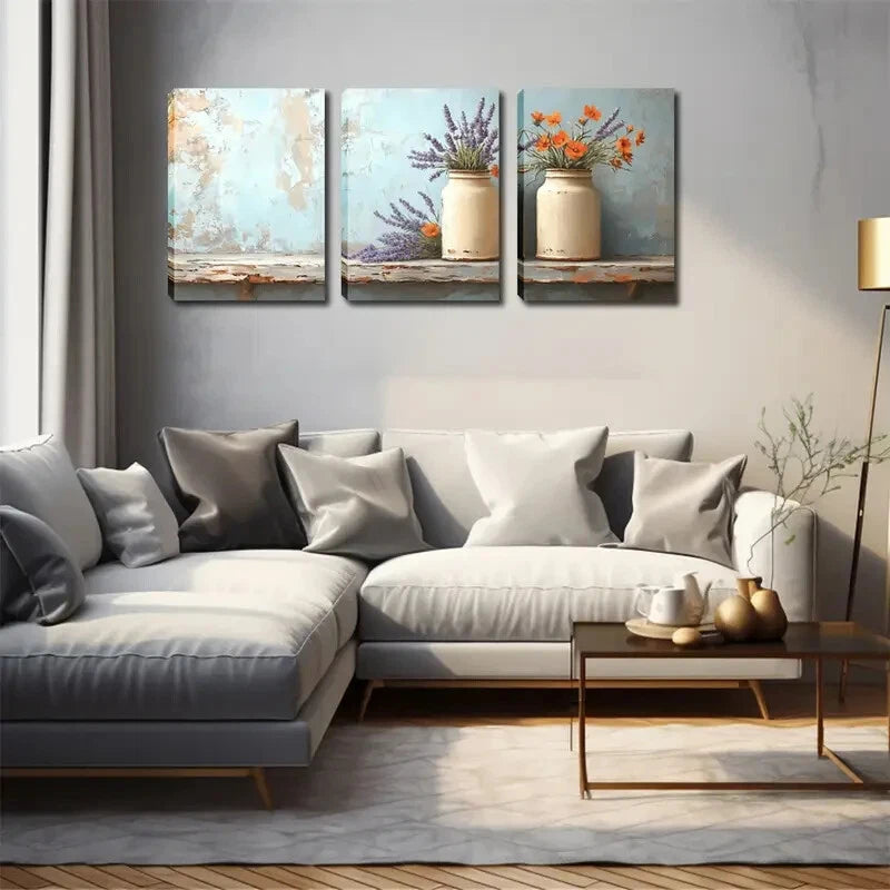 3pcs White Pots Lavender & Orange Flower Perfect Wall Art Set Canvas Framed 40x60cm - High Quality Print 100% Australian Made Wall Canvas Ready to Hang