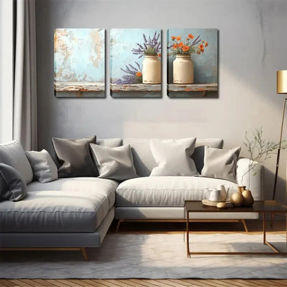 3pcs White Pots Lavender & Orange Flower Perfect Wall Art Set Canvas Framed 40x60cm - High Quality Print 100% Australian Made Wall Canvas Ready to Hang