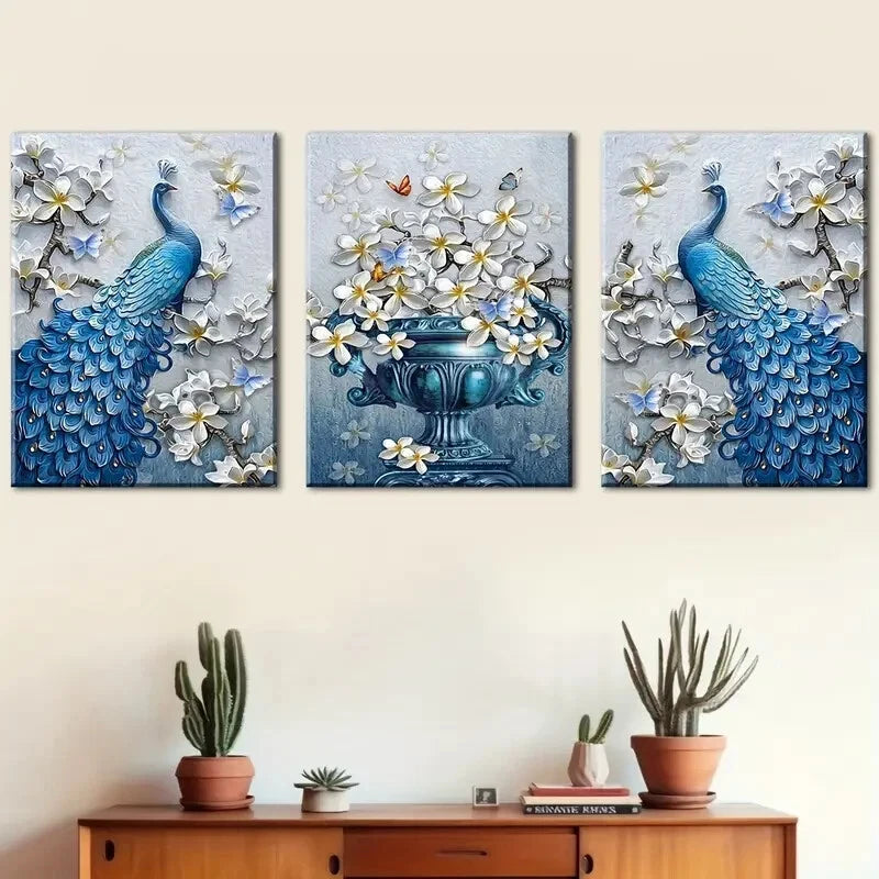 3pcs Blue Peacock And Flowers Elegant Metal Print Ready to Hang Art