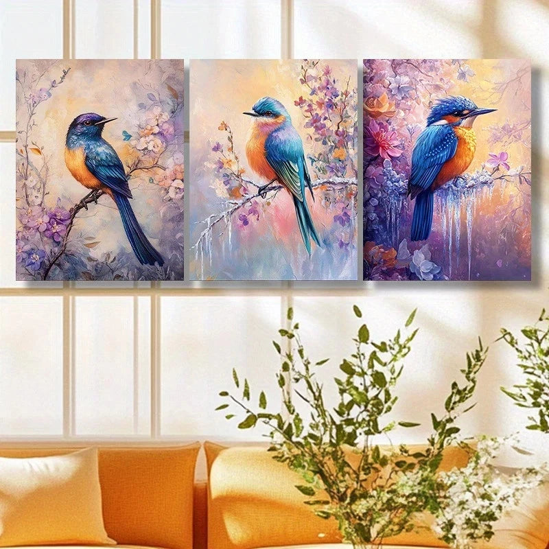 3pcs Colorful Birds Purple Flowers Botanical Metal Print Ready to Hang Art