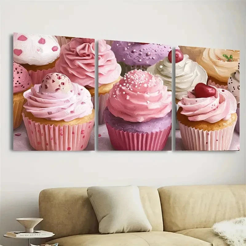 3pcs Pink Cupcake Whimsical Dessert Lovers Art Wall Art Set Canvas Framed 40x60cm - High Quality Print 100% Australian Made Wall Canvas Ready to Hang