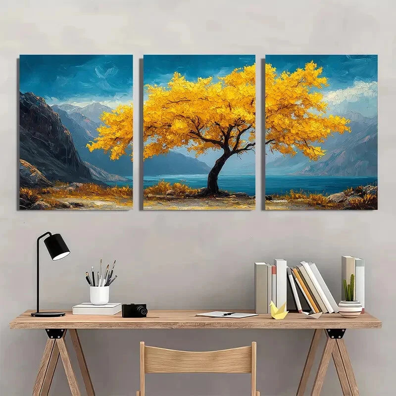 3pcs Vibrant Autumn Tree Mountain & Lake View Metal Print Ready to Hang Art