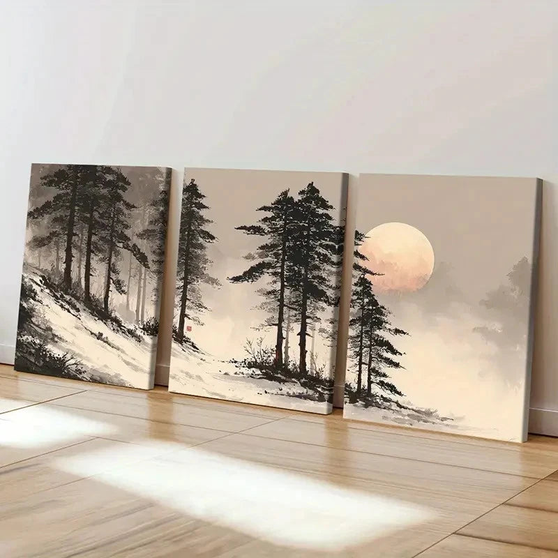 3pcs Moonlit Forest Scene Winter Landscape Wall Art Set Canvas Framed 60x90cm - High Quality Print 100% Australian Made Wall Canvas Ready to Hang
