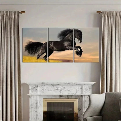 3pcs Black Horse Galloping Across a Grassy Field Wall Art Set Canvas Framed 40x60cm - High Quality Print 100% Australian Made Wall Canvas Ready to Hang