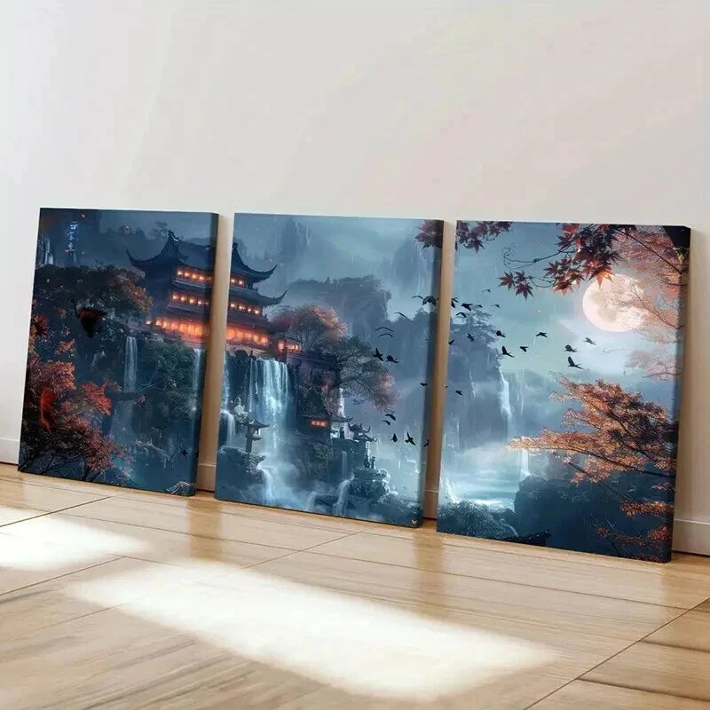 3pcs Waterfall & Traditional Architecture Wall Art Set Canvas Framed 40x60cm - High Quality Print 100% Australian Made Wall Canvas Ready to Hang