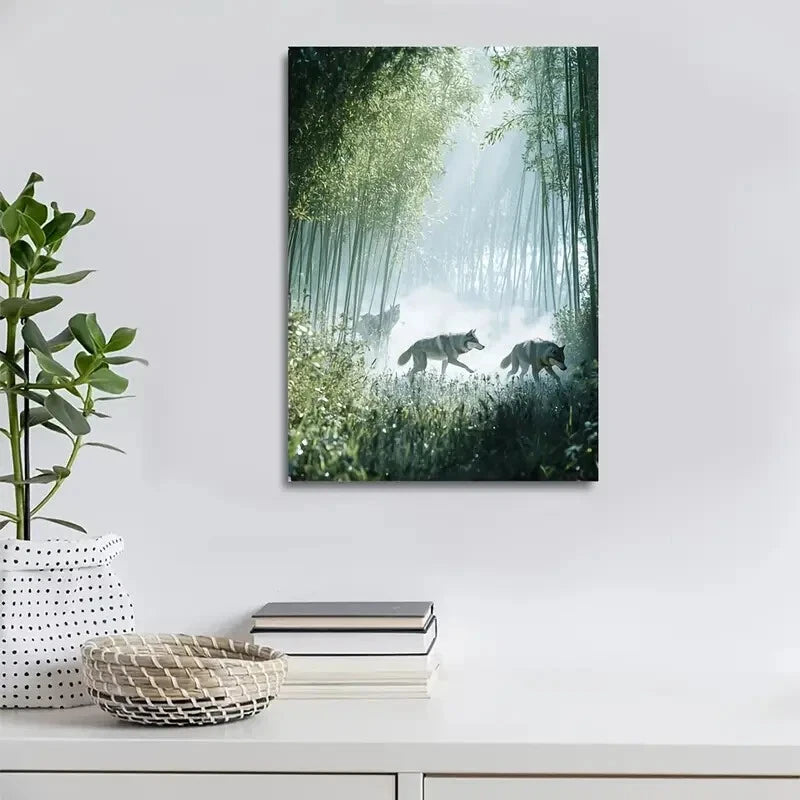 Wolf Pack in Bamboo Grove Morning Mist Painting 40x60cm Metal Print Ready to Hang
