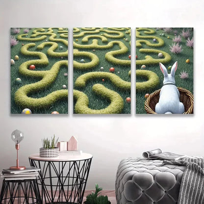 3pcs Lush Green Maze & Bunny Design Wall Art Set Canvas Framed 60x90cm - High Quality Print 100% Australian Made Wall Canvas Ready to Hang