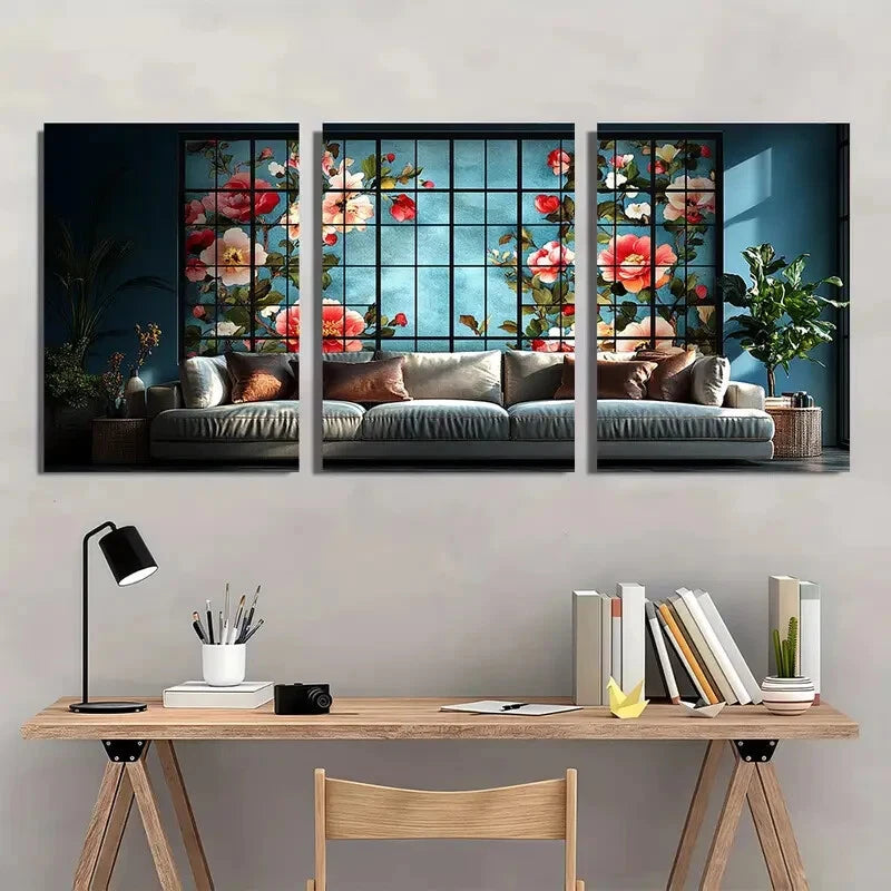 3pcs Charming Window Design with Red Metal Print Ready to Hang Art