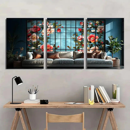 3pcs Charming Window Design with Red Metal Print Ready to Hang Art