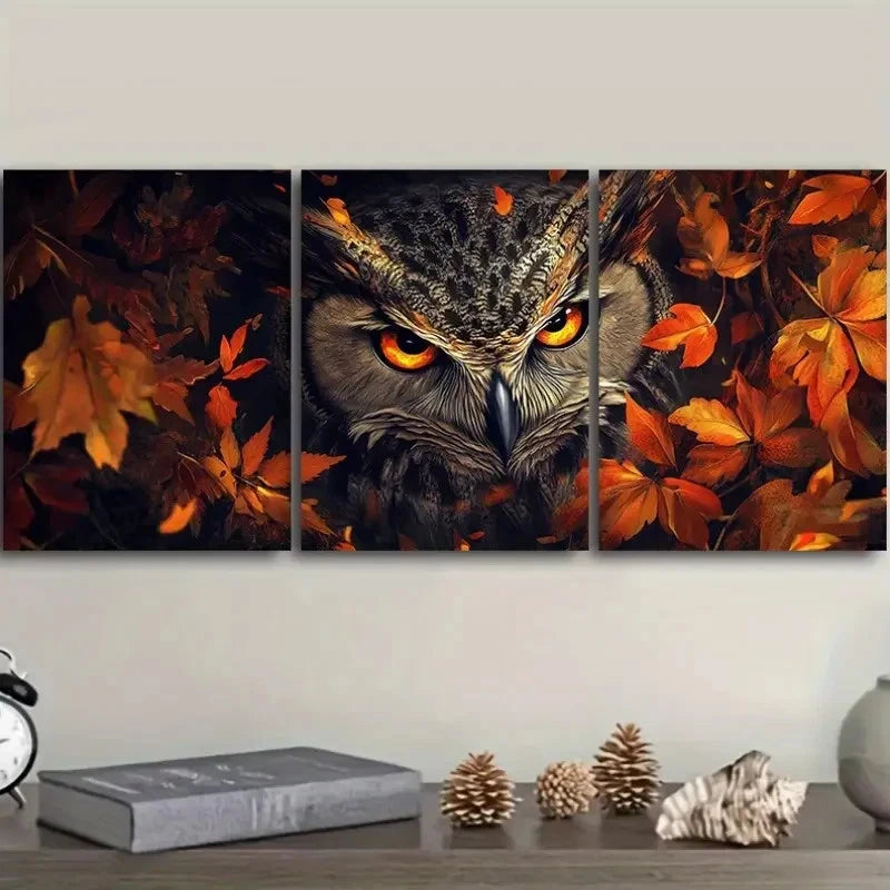 3pcs Fierce Owl Stares From Autumn Leaves Wall Art Set Canvas Framed 40x60cm - High Quality Print 100% Australian Made Wall Canvas Ready to Hang