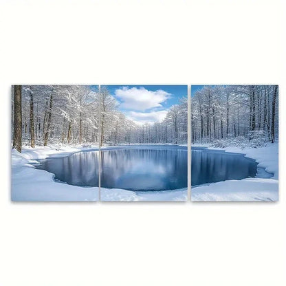 3pcs Snowy Woodland Forest with Frozen Lake F Wall Art Set Canvas Framed 50x70cm - High Quality Print 100% Australian Made Wall Canvas Ready to Hang