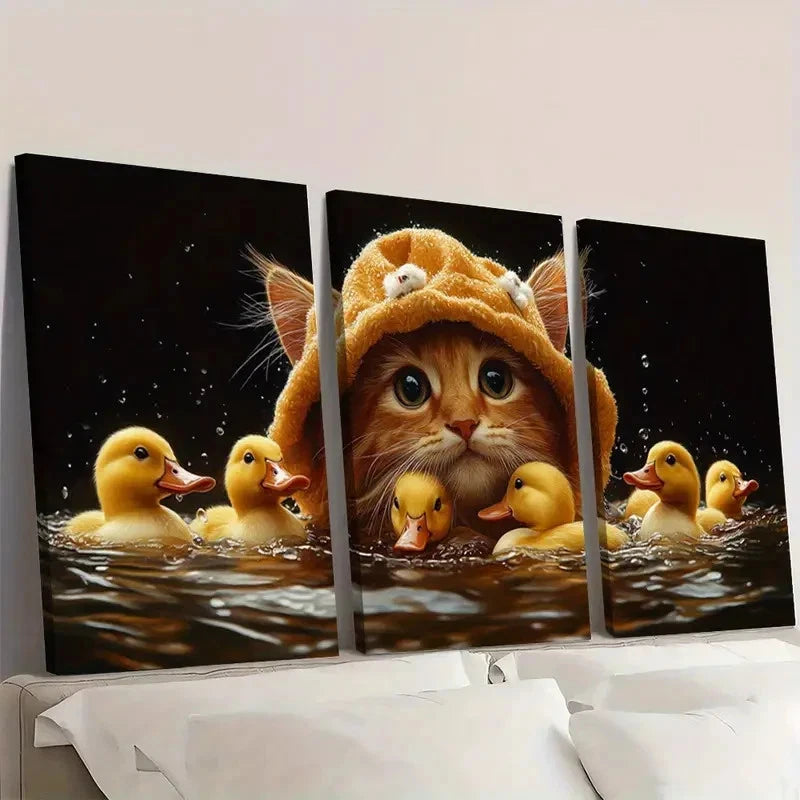 3pcs Adorable Cat Lion Hat Ducks Wall Art Set Canvas Framed 50x70cm - High Quality Print 100% Australian Made Wall Canvas Ready to Hang