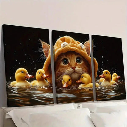 3pcs Adorable Cat Lion Hat Ducks Wall Art Set Canvas Framed 50x70cm - High Quality Print 100% Australian Made Wall Canvas Ready to Hang