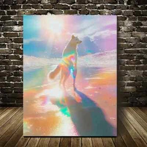 Dreamy Wolf Sunset Scene with Rainbow Painting 40x60cm Metal Print Ready to Hang