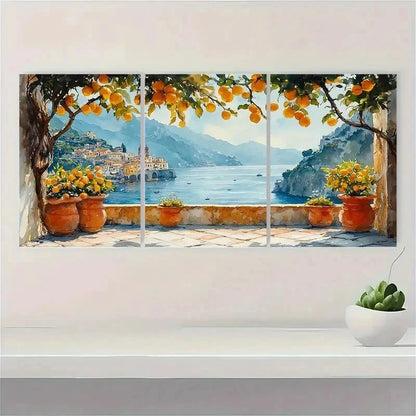3pcs Cityscape Lemon Tree Mediterranean Perfect Wall Art Set Canvas Framed 40x60cm - High Quality Print 100% Australian Made Wall Canvas Ready to Hang