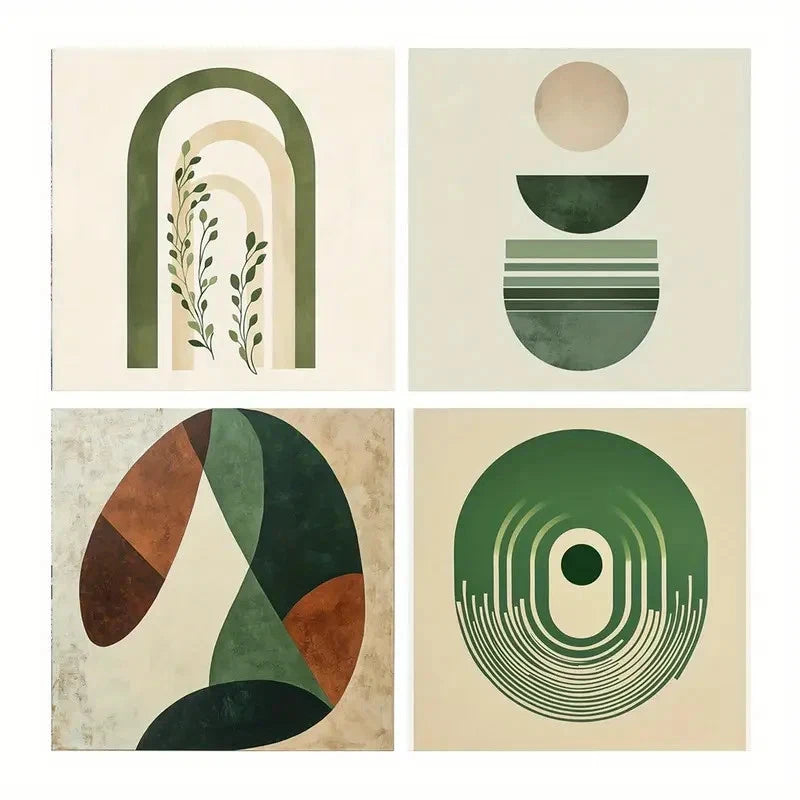 4pcs Repeating Patterns, Green Leaves Design, Wall Art Canvas Framed