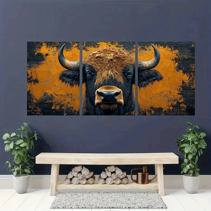 3pcs Orange & Black Bison Buffalo Decoration Wall Art Set Canvas Framed 40x60cm - High Quality Print 100% Australian Made Wall Canvas Ready to Hang