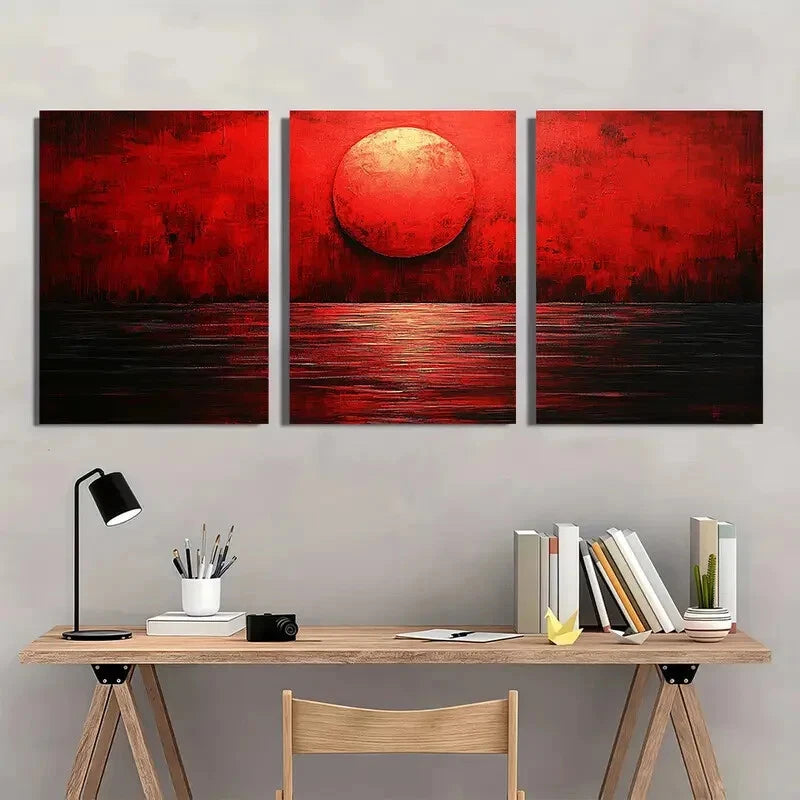 3pcs Vibrant Red Sunset Modern Metal Print Ready to Hang Art