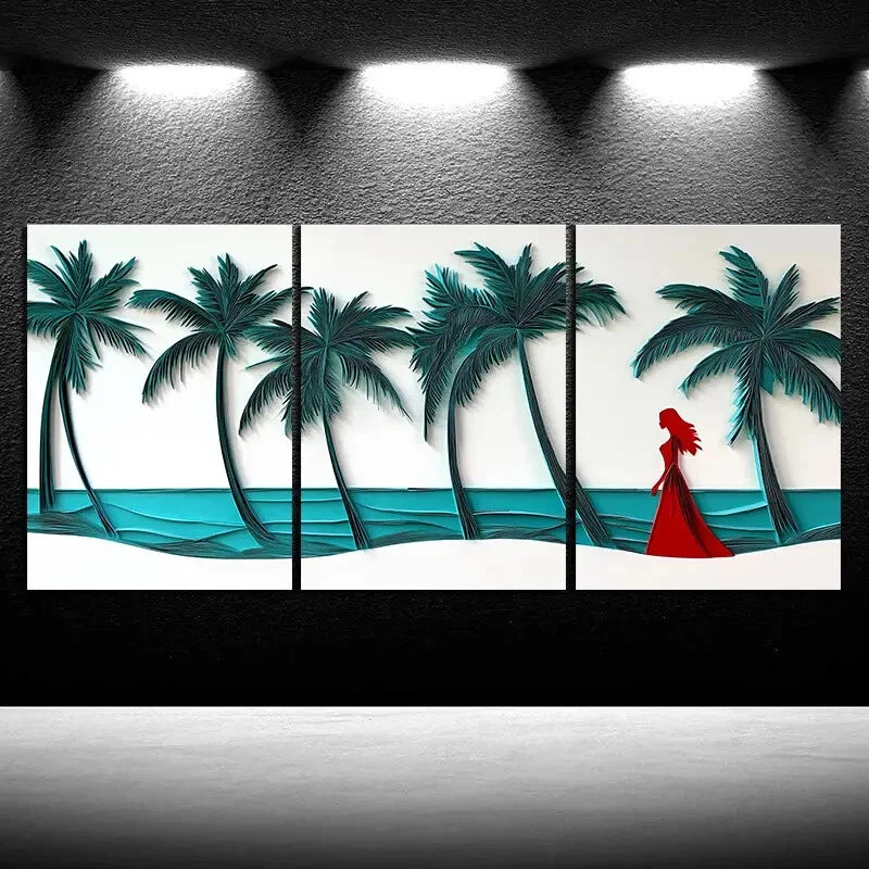 3pcs Coconut Trees And Women on The Beach Metal Print Ready to Hang Art