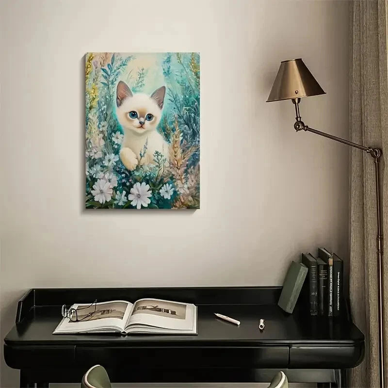 Cute Siamese Kitten with Blue Eyes in Floral 40x60cm Metal Print Ready to Hang