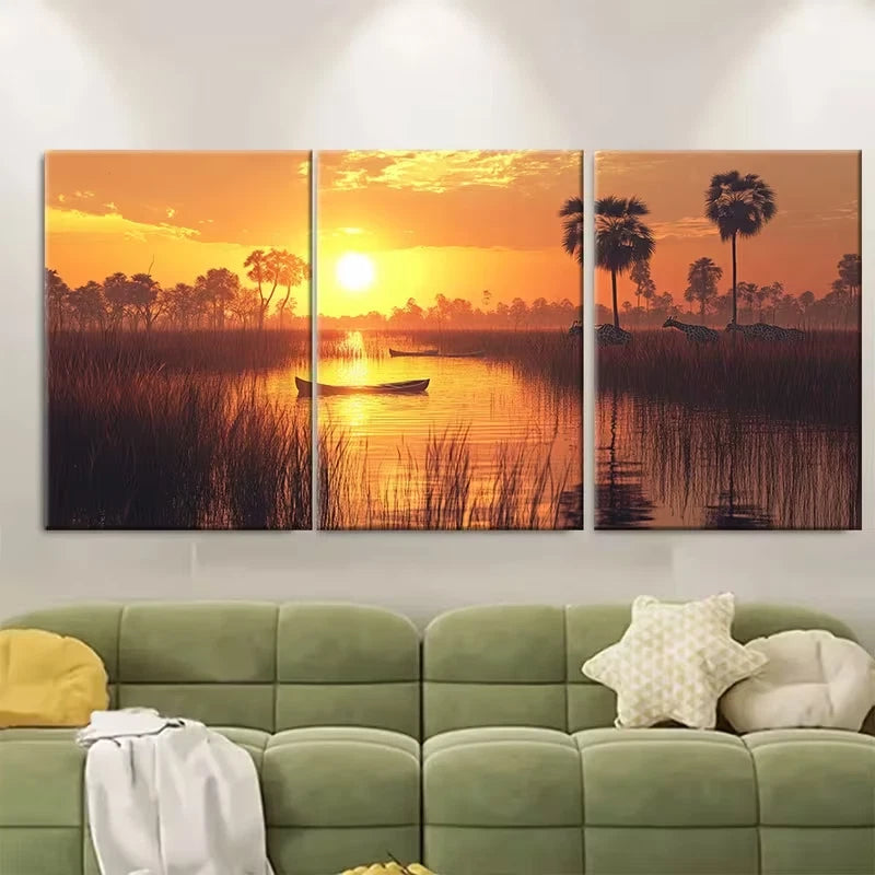 3pcs Mokoro Canoes Gliding Through Reeds Metal Print Ready to Hang Art