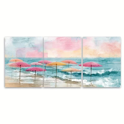 3pcs Pink Umbrellas & Ocean Waves Wall Art Set Canvas Framed 40x60cm - High Quality Print 100% Australian Made Wall Canvas Ready to Hang