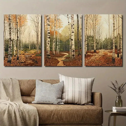 3pcs Autumnal Birch Trees & Fall Foliage Wall Art Set Canvas Unframed - High Quality Print 100% Australian Made Wall Canvas
