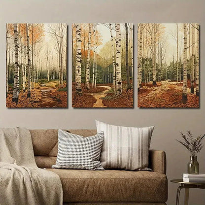 3pcs Autumnal Birch Trees & Fall Foliage Wall Art Set Canvas Unframed - High Quality Print 100% Australian Made Wall Canvas