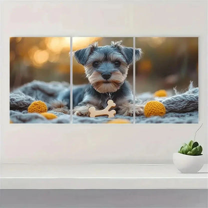 3pcs Adorable Schnauzer Puppy with Bone Tag Metal Print Ready to Hang Art