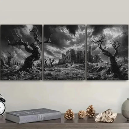 3pcs Cottage Surrounded by Dead Trees Metal Print Ready to Hang Art