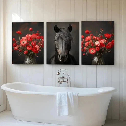 3pcs Majestic Black Horse and Red Floral Perfect Wall Art Set Canvas Unframed - High Quality Print 100% Australian Made Wall Canvas