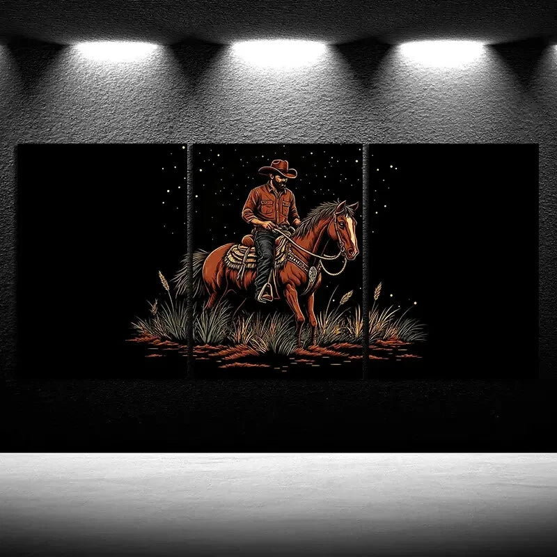 3pcs Man Riding a Horse Animal Themed Metal Print Ready to Hang Art