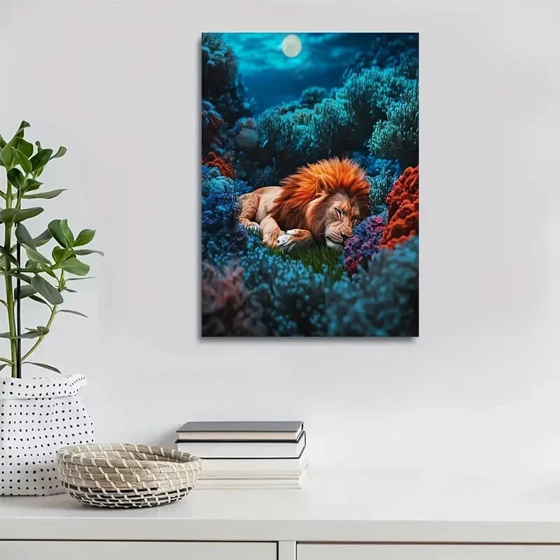 Surreal Lion Rolling on Grass Underwater Coral 40x60cm Metal Print Ready to Hang