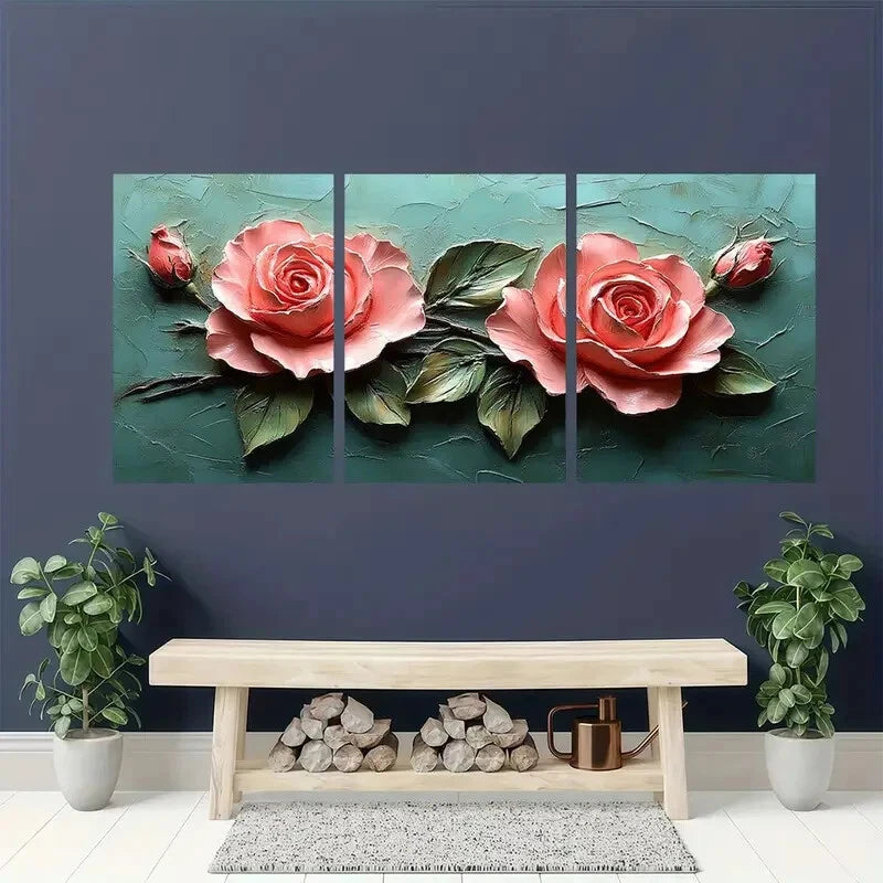 3pcs Pink Roses Elegant Floral Metal Print Ready to Hang Art