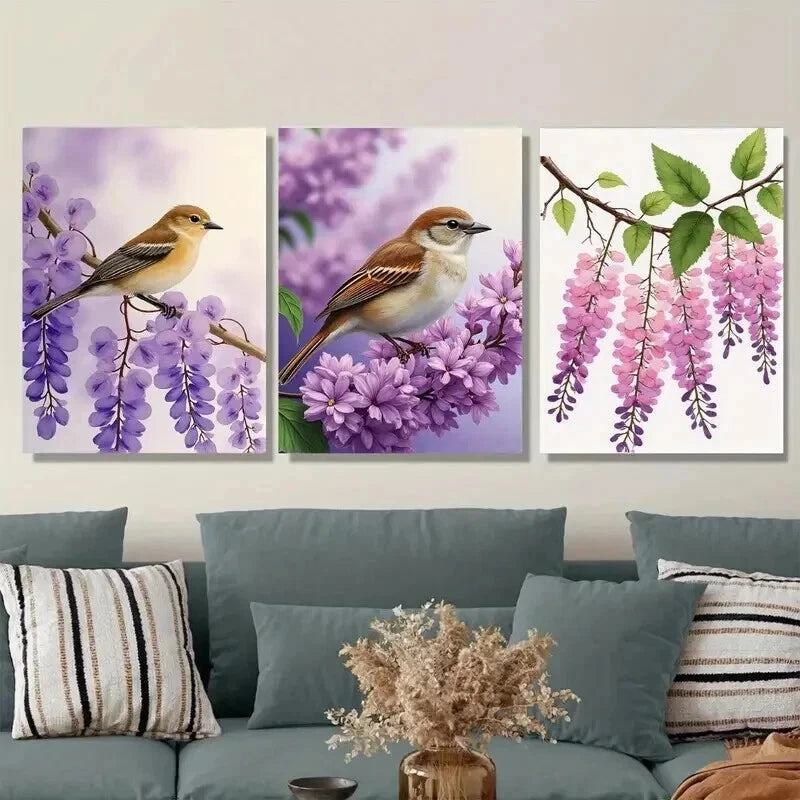 3pcs Beautiful Bird and Flower Purple Floral Wall Art Set Canvas Framed 50x70cm - High Quality Print 100% Australian Made Wall Canvas Ready to Hang