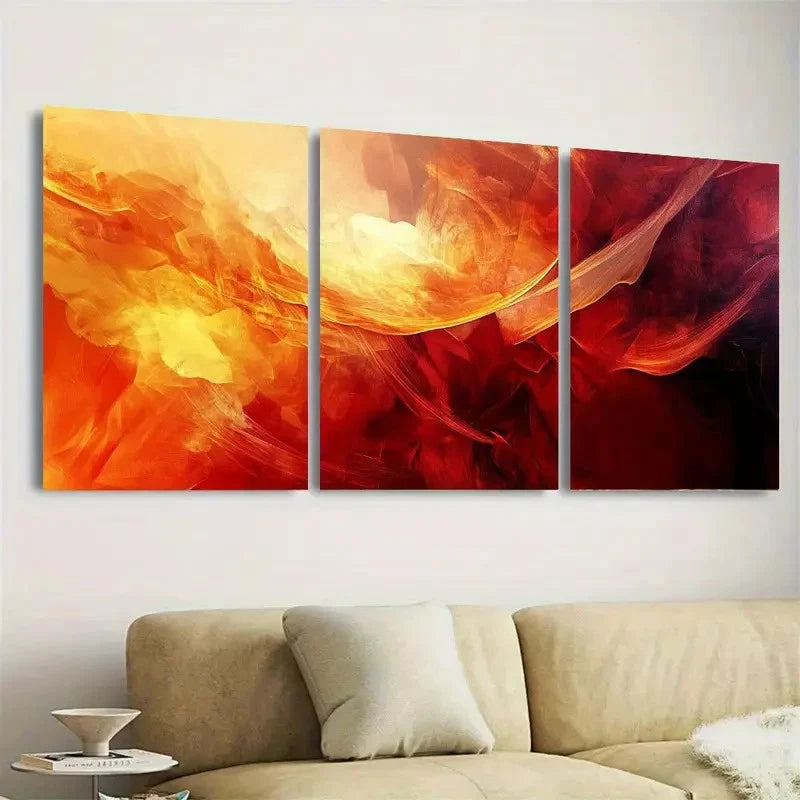 3pcs Warm Orange, Red & Yellow Swirls Wall Art Set Canvas Framed 50x70cm - High Quality Print 100% Australian Made Wall Canvas Ready to Hang