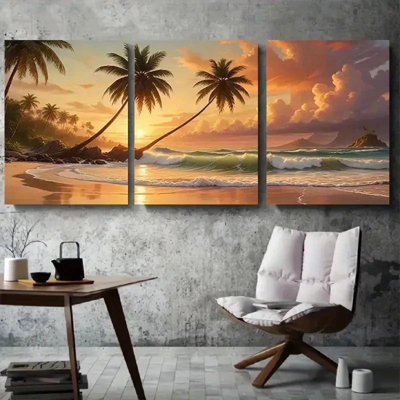 3pcs Palm Trees & Ocean View Scenic Beach Metal Print Ready to Hang Art