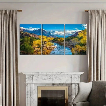 3pcs Mountains Forest and River Modern Wall Art Set Canvas Framed 60x90cm - High Quality Print 100% Australian Made Wall Canvas Ready to Hang
