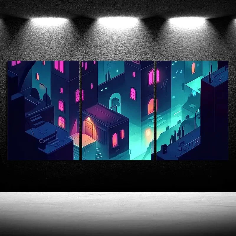 3pcs Neon City Paintings Big Buildings Metal Print Ready to Hang Art