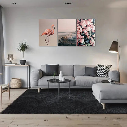 3pcs Pink Flamingo Ocean Waves & Floral Bouquet Metal Print Ready to Hang Art