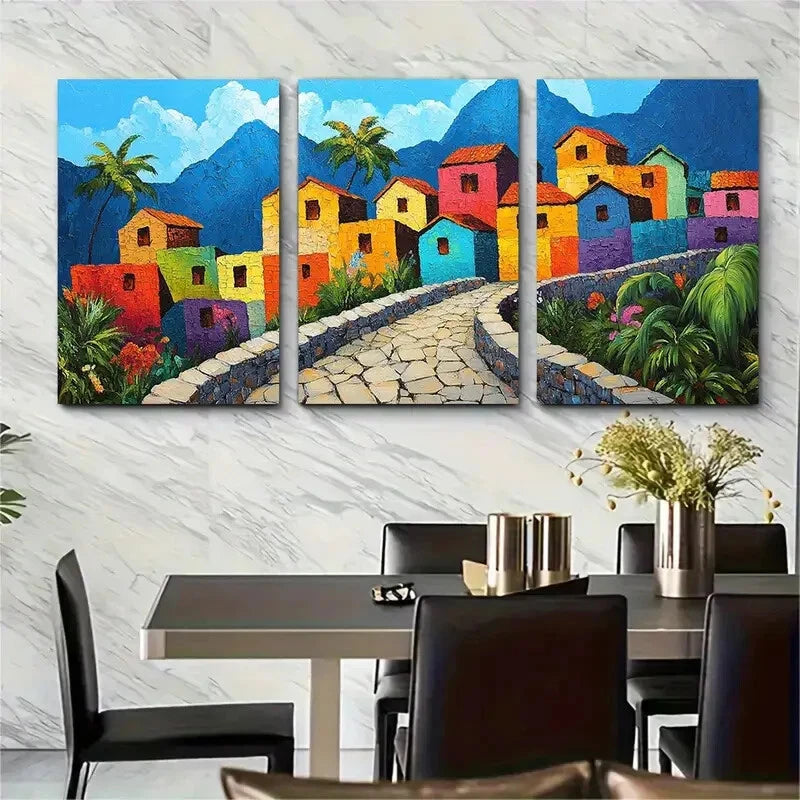 3pcs Colorful Stone Path & Lush Greenery Metal Print Ready to Hang Art