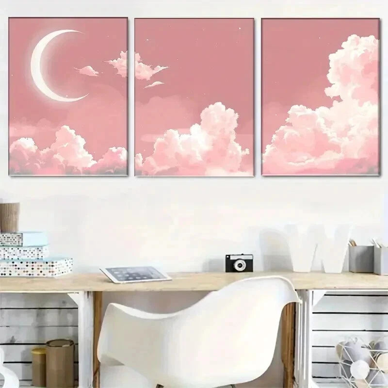 3pcs Pink Moon & Clouds Starrcy Sky Perfect Wall Art Set Canvas Framed 40x60cm - High Quality Print 100% Australian Made Wall Canvas Ready to Hang