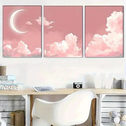 3pcs Pink Moon & Clouds Starrcy Sky Perfect Wall Art Set Canvas Framed 40x60cm - High Quality Print 100% Australian Made Wall Canvas Ready to Hang